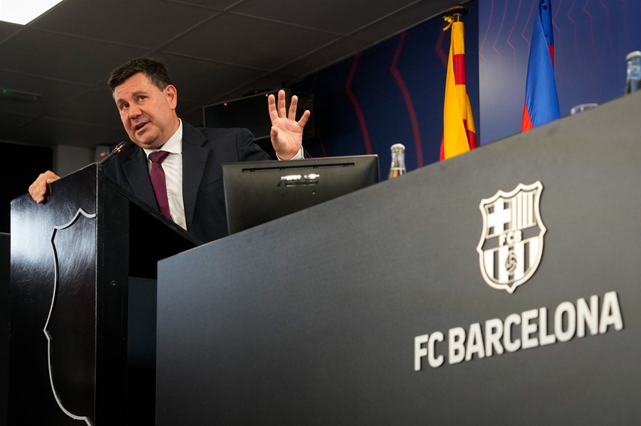 El vicepresidente del área económica del FC Barcelona, Eduard Romeu, durante la presentación del cierre económico de la temporada 2022-2023 y el presupuesto del curso 2023-2024.
