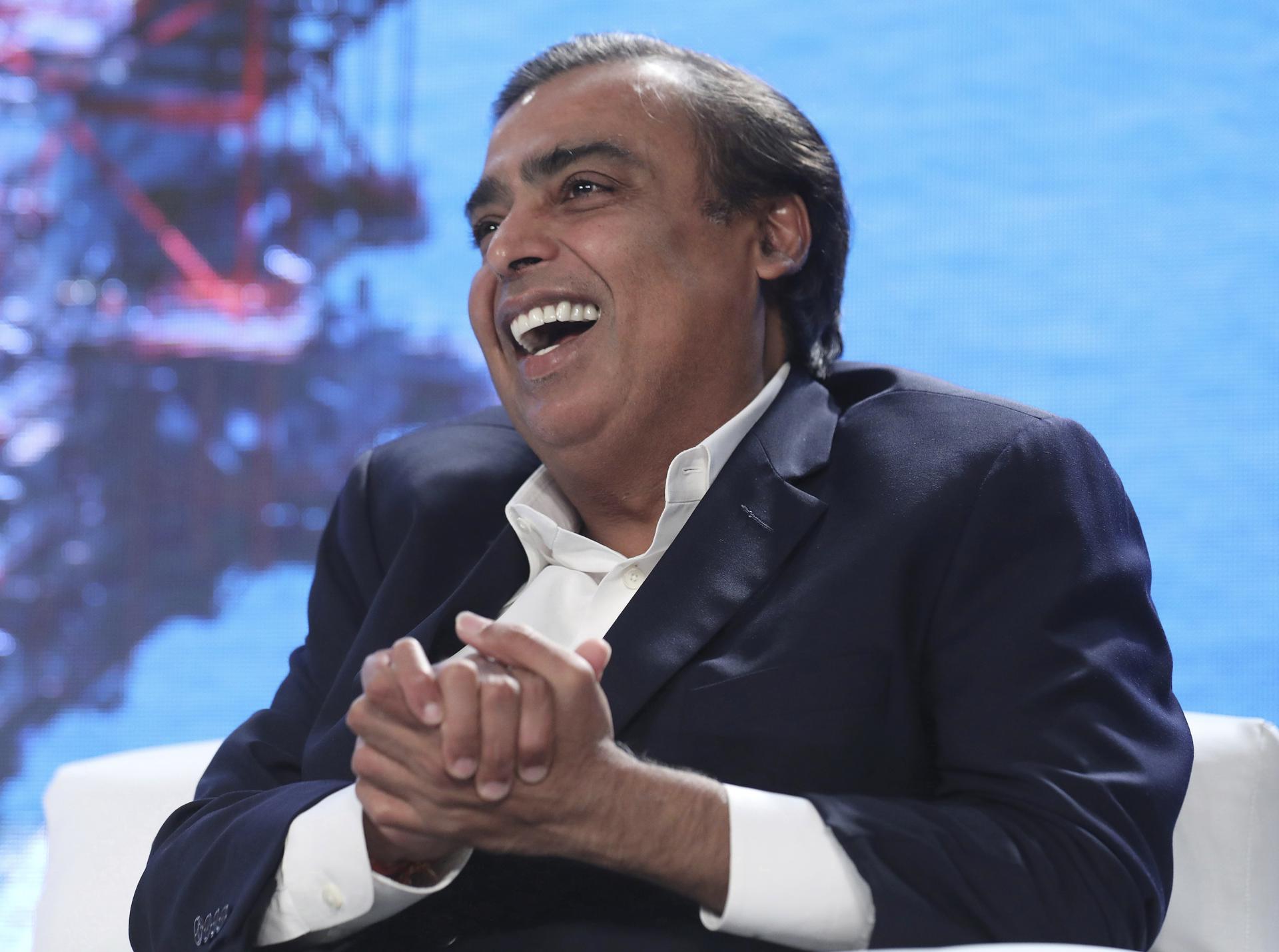 A file picture of Mukesh Ambani, head of Reliance Industries Limited, during a press conference in New Delhi. EFE/EPA/FILE/Rajat Gupta