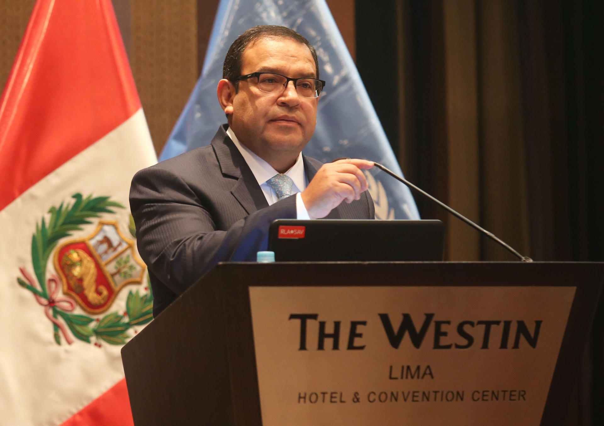 The president of Peru's National Commission for Development and Life without Drugs (Devida), Alberto Otálora, during a presentation at the annual coca crop monitoring report released today, Wednesday, July 13, 2016, by the United Nations Office on Drugs and Crime (UNODC) in Lima, Peru. EFE/ERNESTO ARIAS