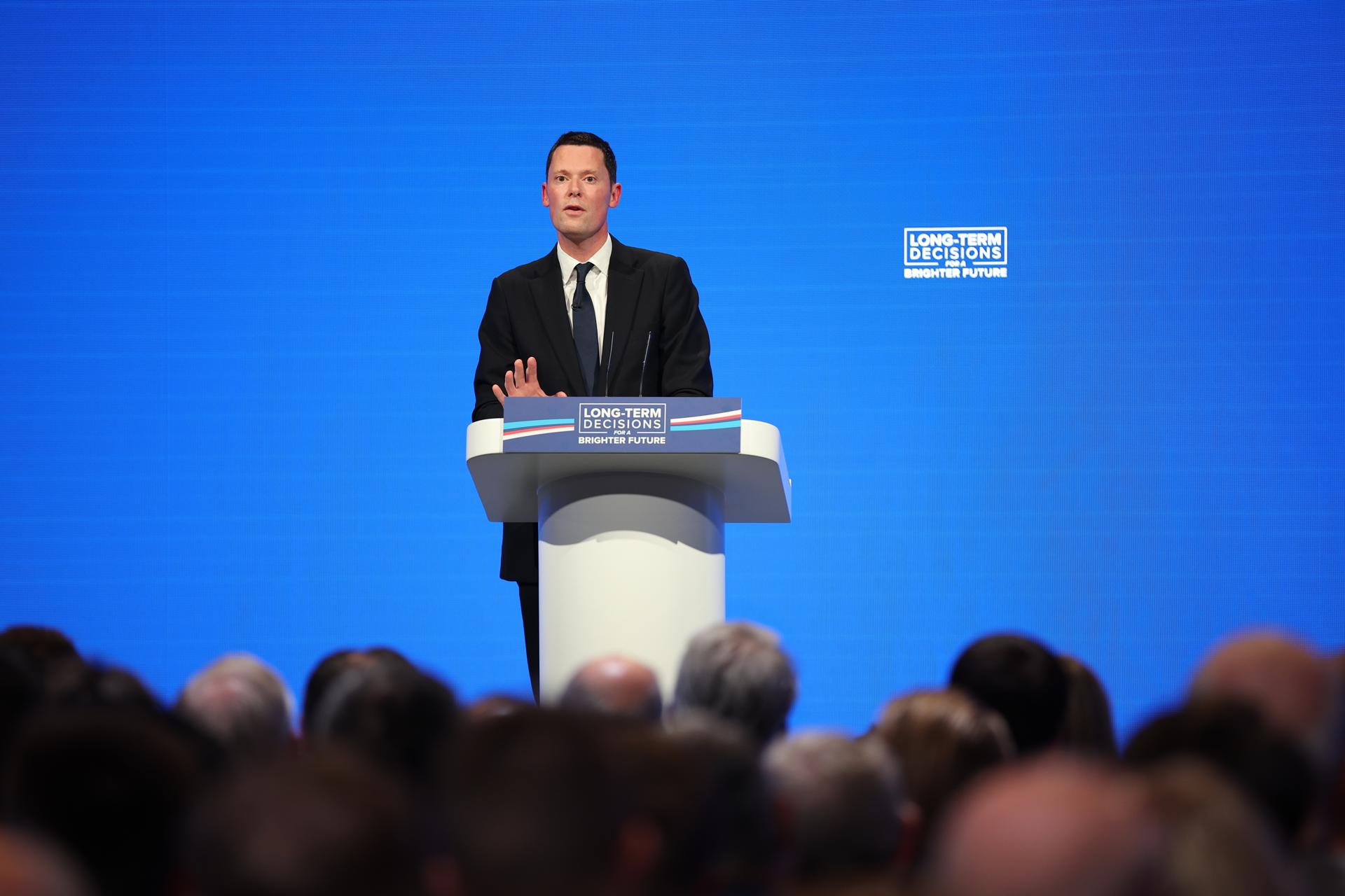 British Secretary of State for Justice, Alex Chalk speaks during the Conservative Party Conference in Manchester, Britain, 03 October 2023. EFE/EPA/ADAM VAUGHAN