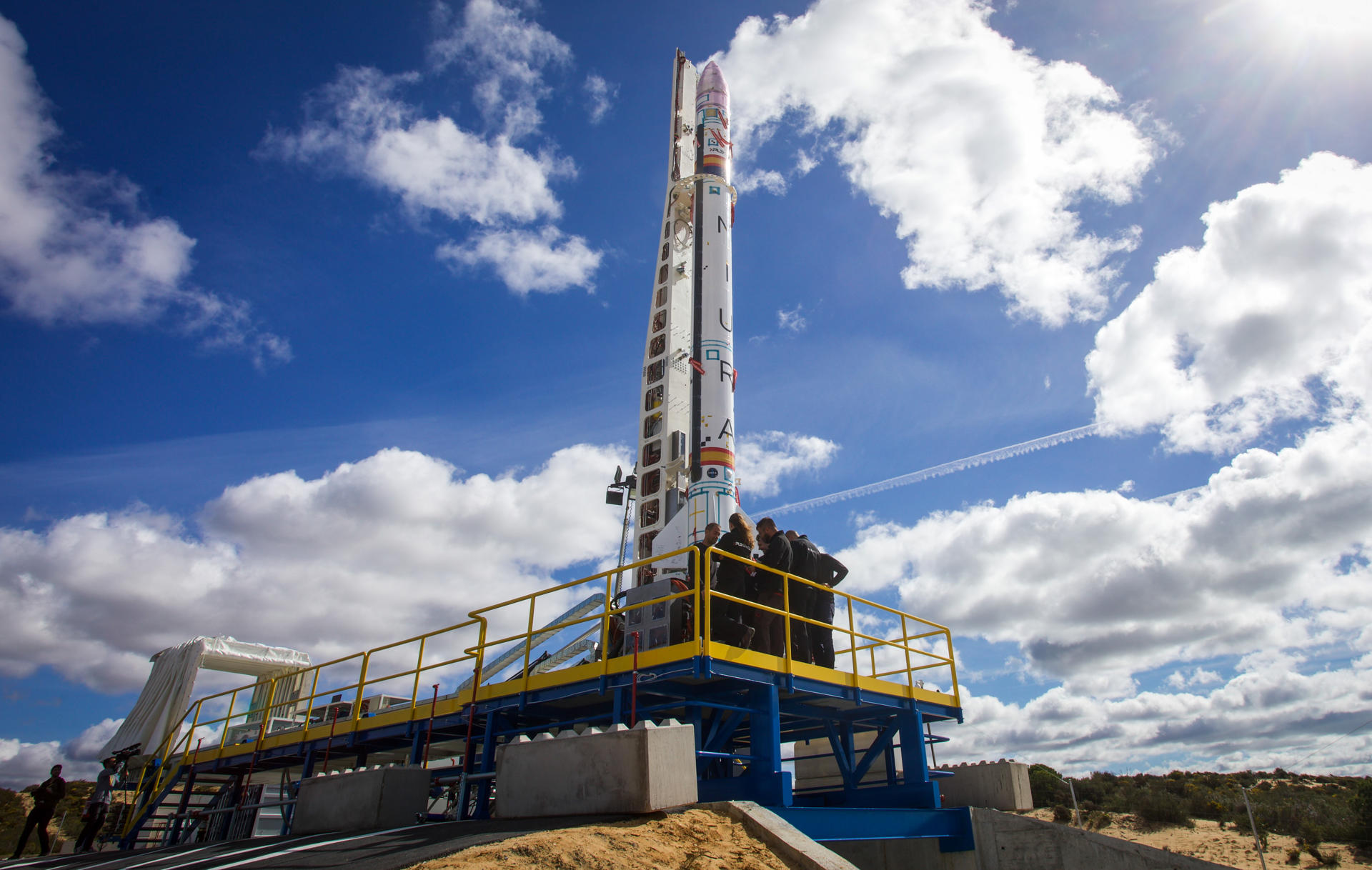Plataforma de lanzamiento del cohete MIURA 1, en las instalaciones del INTA en El Arenosillo (CEDEA), ubicadas en Mazagón (Huelva), en un intento en marzo que fue fallido y que se repetirá este sábado. EFE/Julián Pérez