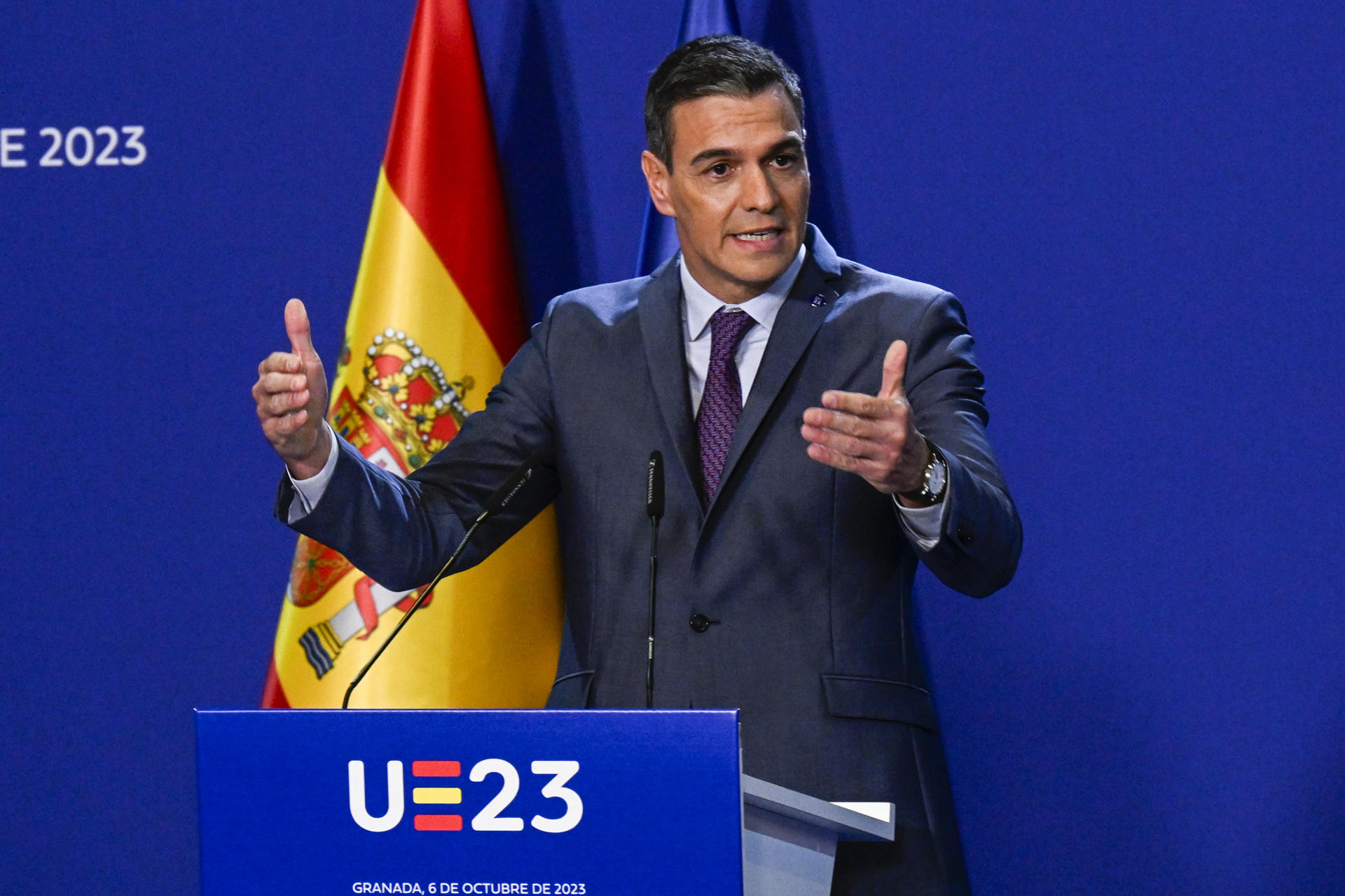 Spanish Acting Prime Minister Pedro Sanchez delivers a press conference following the informal meeting of heads of state and government of the EU-27 held in Granada, Spain, 06 October 2023. EFE/ Miguel Angel Molina

