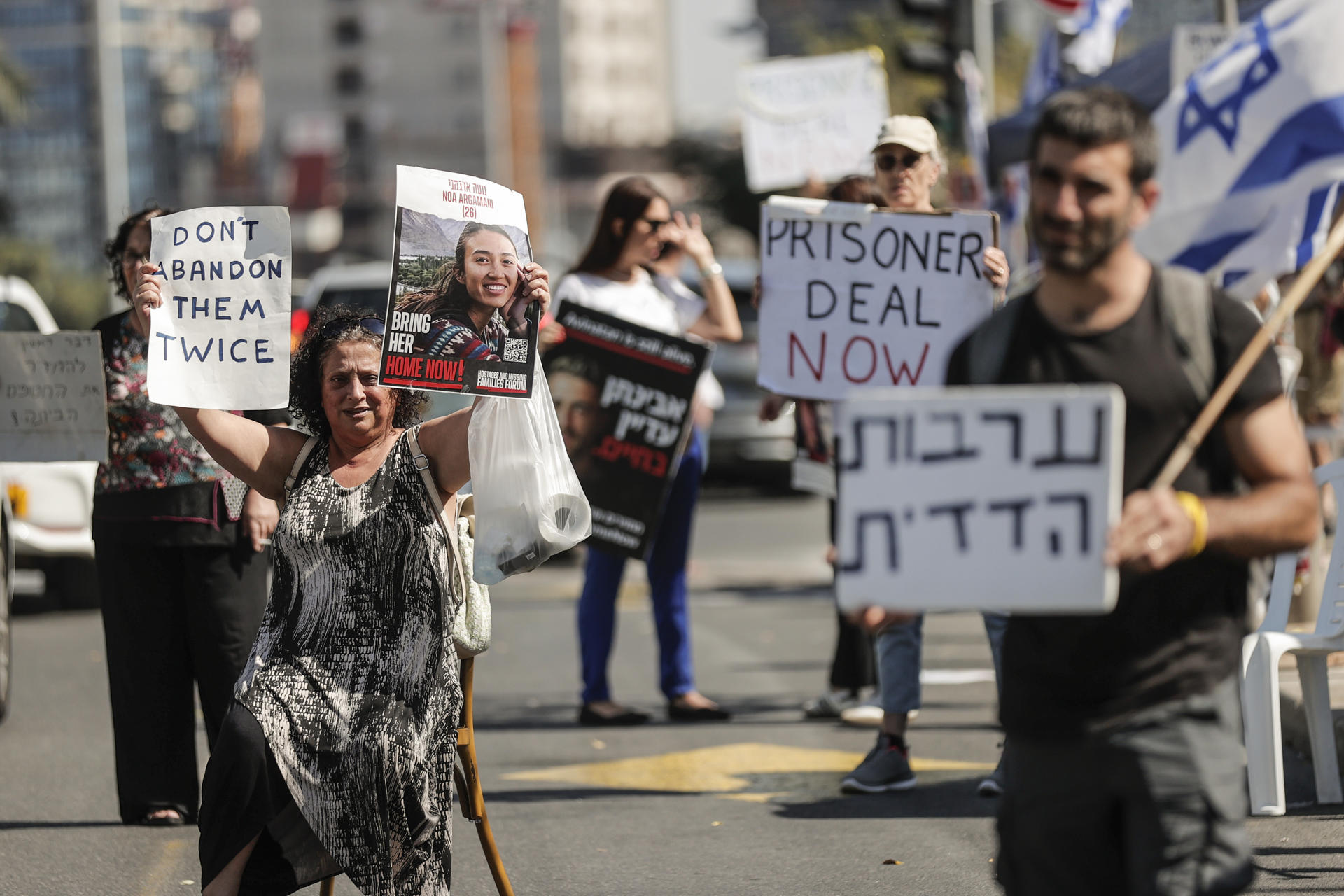 Dozens of relatives and friends of the more than 200 Israelis kidnapped by Hamas since last October 7 gather day and night on Kaplan Avenue in Tel-Aviv to ask for their release, image taken October 21, 2023 . EFE/Manuel Bruque