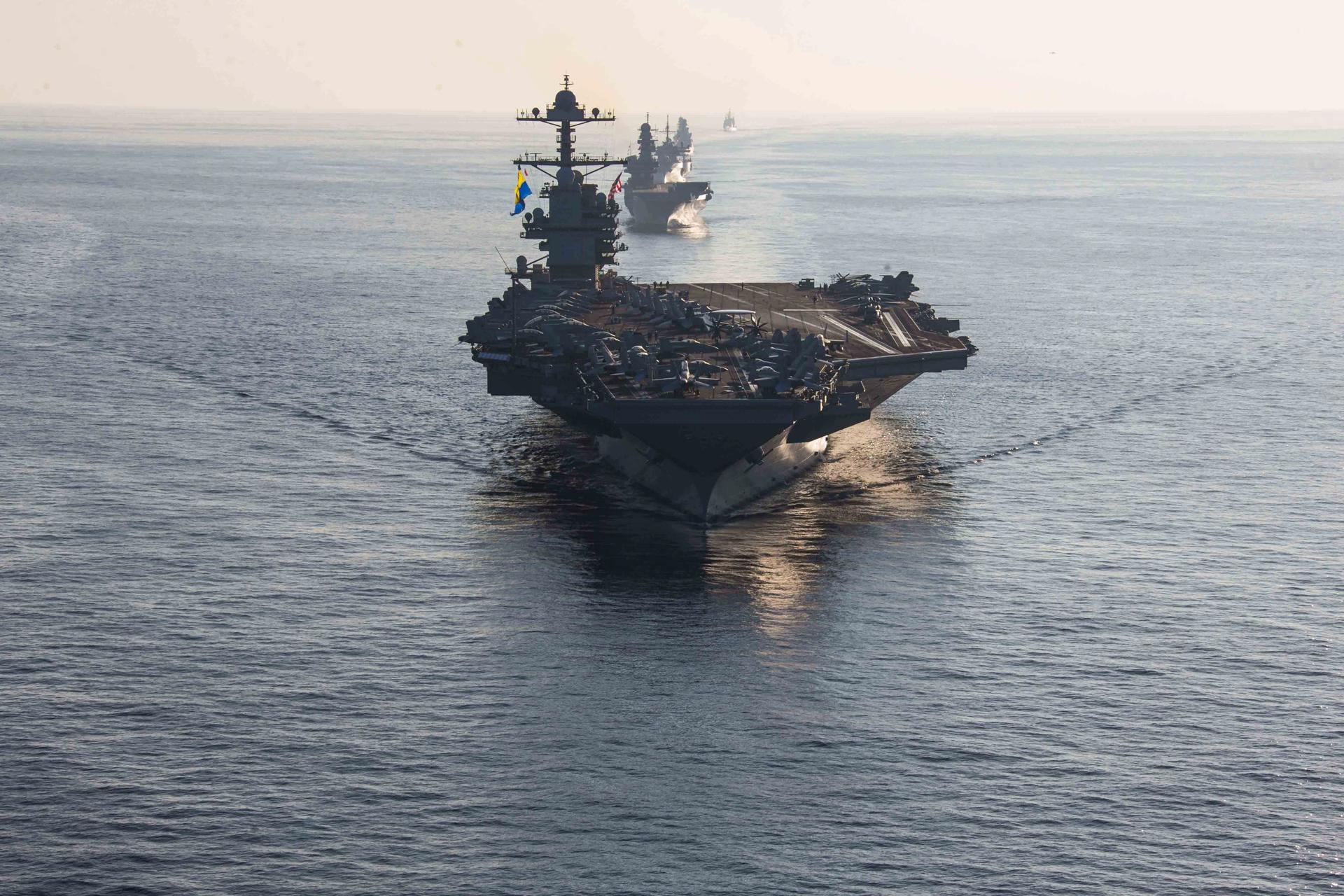 A handout file photo made available by the US Navy shows the aircraft carrier USS Gerald R. Ford (CVN 78) in the Ionian Sea, part of the Mediterranean Sea, 04 October 2023 (issued 09 October 2023). EFE-EPA FILE/US NAVY/MC2 JACOB MATTINGLY HANDOUT HANDOUT EDITORIAL USE ONLY/NO SALES