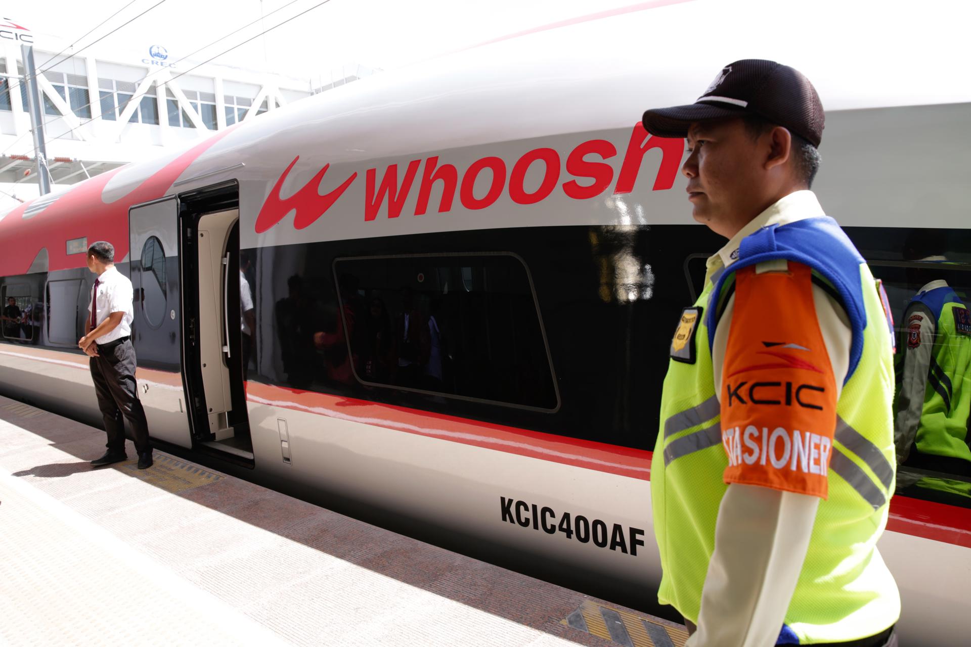 A security officer stands beside the Jakarta-Bandung High-Speed Train during the inauguration ceremony, lead by Indonesian President Joko Widodo (not pictured), at Halim Station in Jakarta, Indonesia, 02 October 2023. EFE/EPA/ADI WEDA