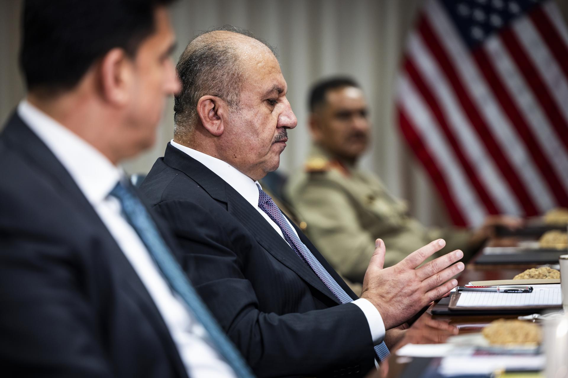 Iraqi Minister of Defense Thabit Muhammad Al-Abbasi (C) attends a meeting with US Secretary of Defense Lloyd Austin (not pictured) inside the Pentagon in Arlington, Virginia, USA, 07 August 2023. EFE/EPA/FILE/JIM LO SCALZO