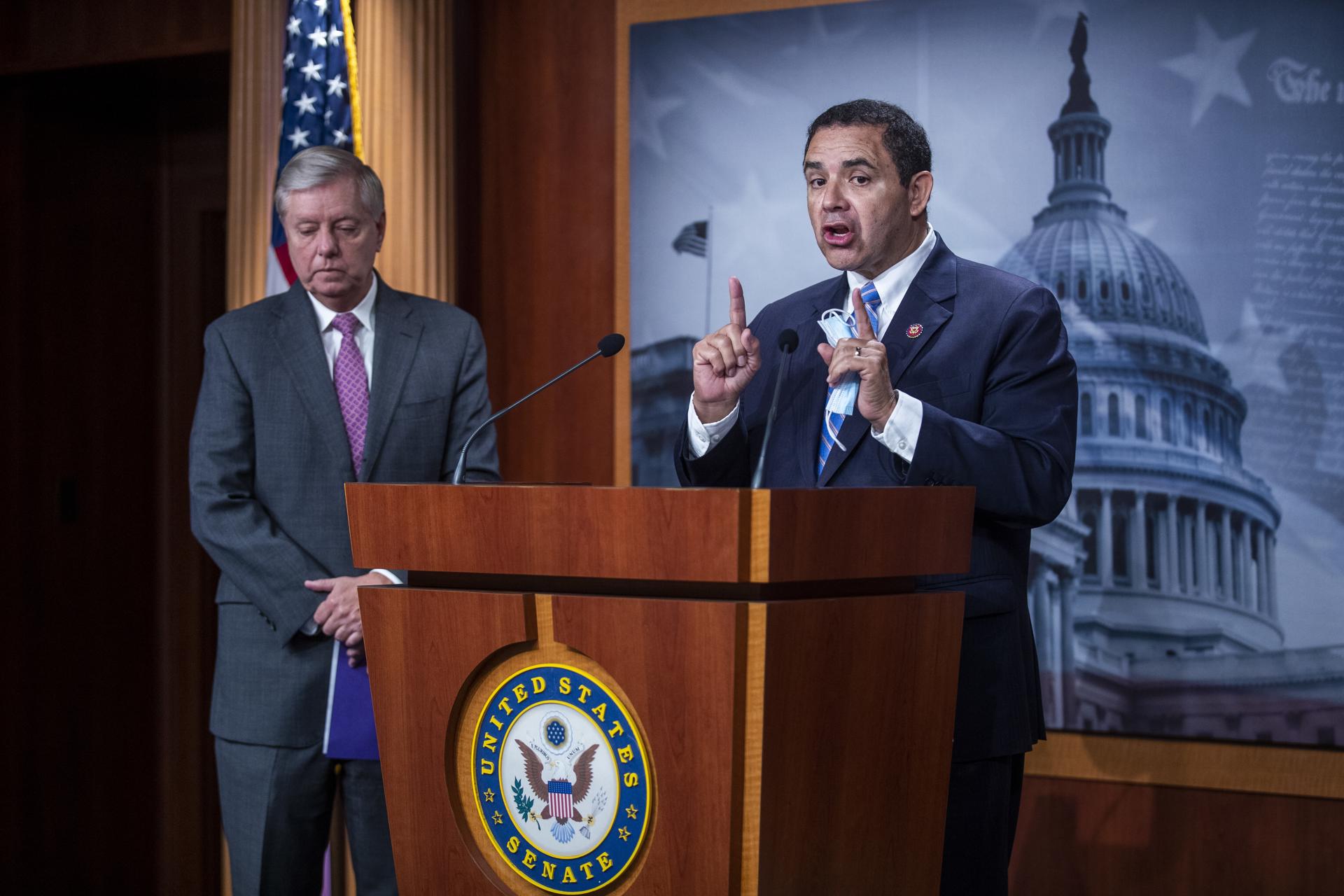 A file picture of US Representative Henry Cuellar, with Senator Lindsey Graham, addressing a press conference in the US Capitol in Washington, DC, USA. EFE/EPA/FILE/SHAWN THEW