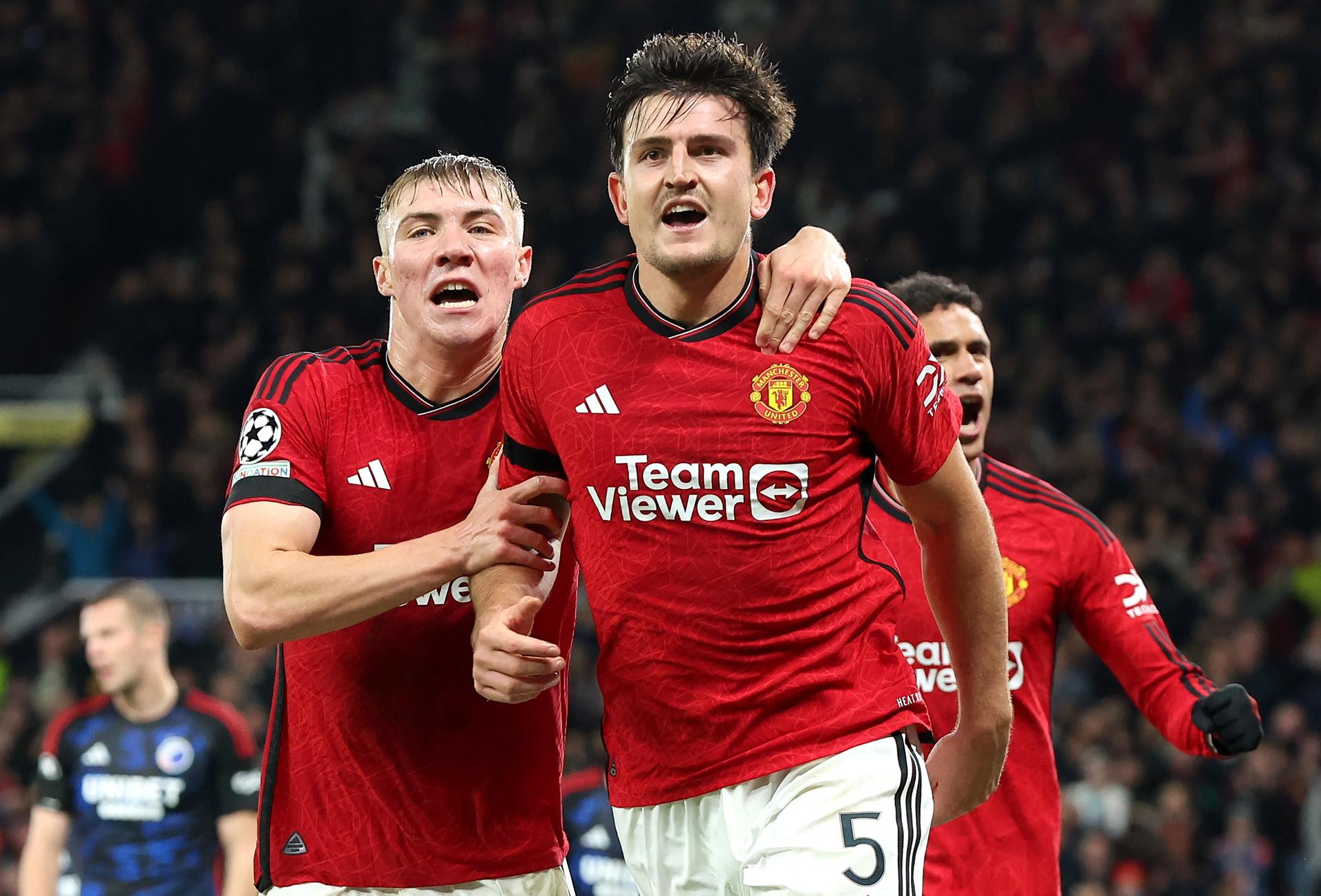 Harry Maguire (C) of Manchester United celebrates after scoring the opening goal during the UEFA Champions League Group A match between Manchester United and FC Copenhagen in Manchester, Britain, 24 October 2023. EFE-EPA/ADAM VAUGHAN
