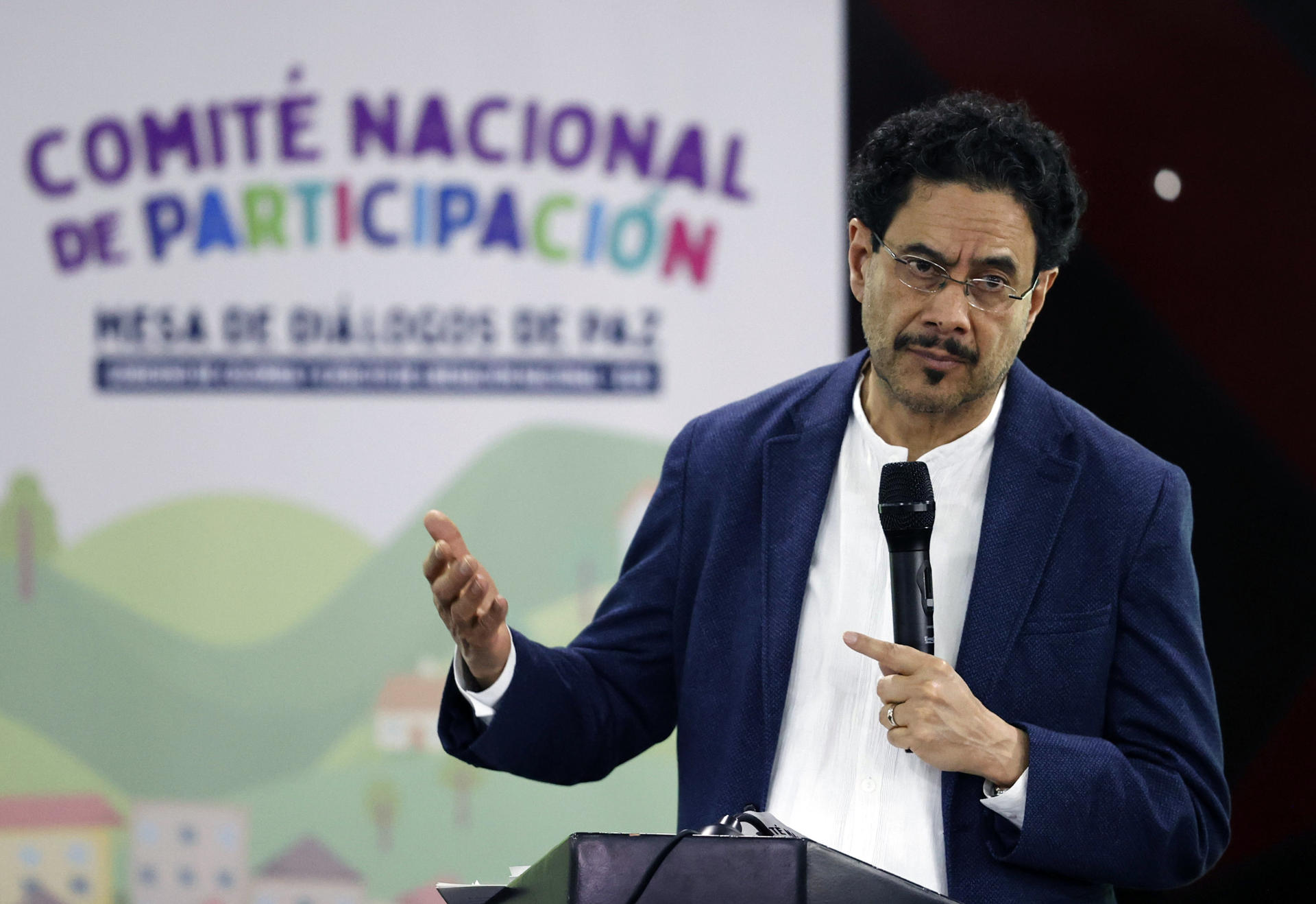 The senator of the Historical Pact coalition and Government negotiator with the ELN, Ivan Cepeda, speaks during the installation of the First National Meeting to design the participation of civil society in the peace process between the Colombian Government and the ELN guerrilla, in an event that has the presence of representatives of the guarantor and accompanying countries, the Episcopal Conference and the UN, in Bogota, Colombia, 06 October 2023. EFE/ Mauricio Duenas Castaneda