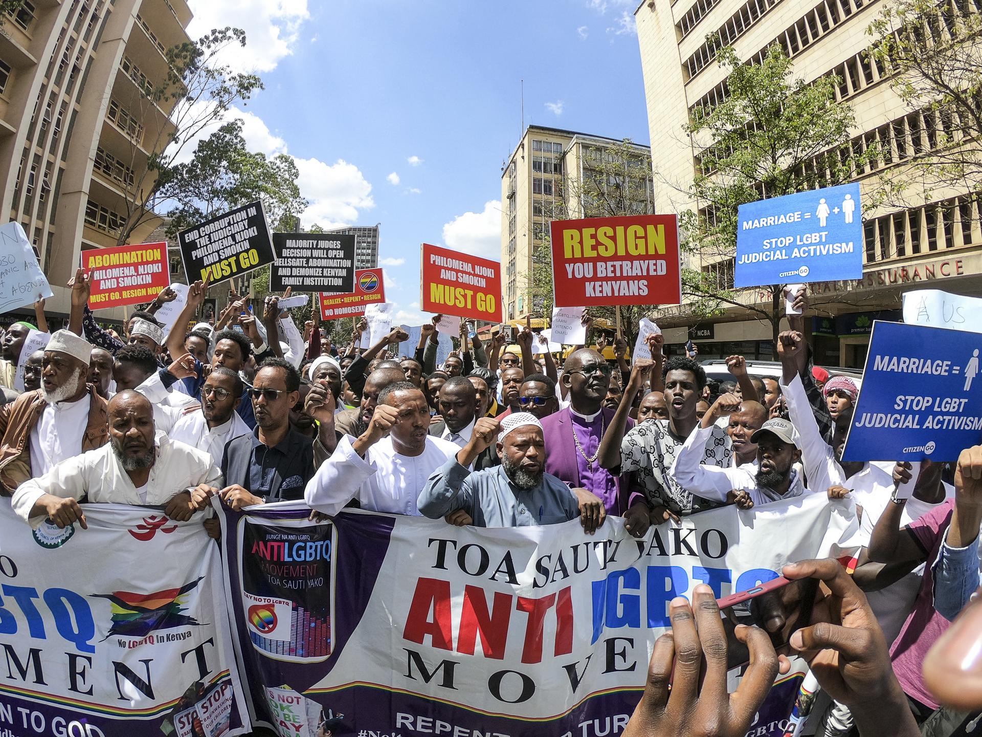 Supporters of the Anti-LGBTQ movement formed by members of different religious groups, hold placards and banners as they shout anti-LGBTQ slogans during a protest in the streets of Nairobi, Kenya, 06 October 2023. EFE/EPA/Daniel Irungu