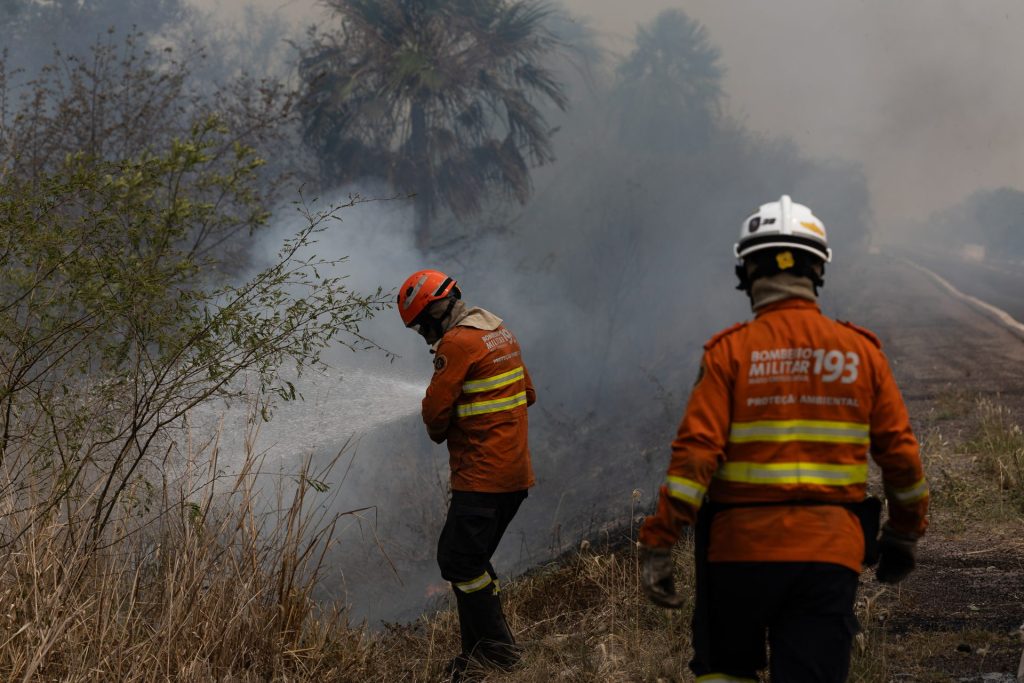 Bomberos combaten un incendio en las orillas de la carretera BR-262, en el Pantanal, el 17 de noviembre de 2023, cerca de la ciudad de Miranda (Brasil). EFE/ Isaac Fontana 