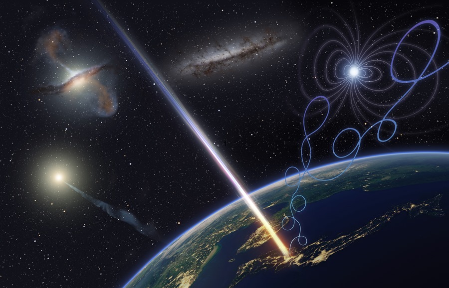 Reproducción del rayo cósmico Amaterasu incidiendo desde el espacio sobre la Tierra.