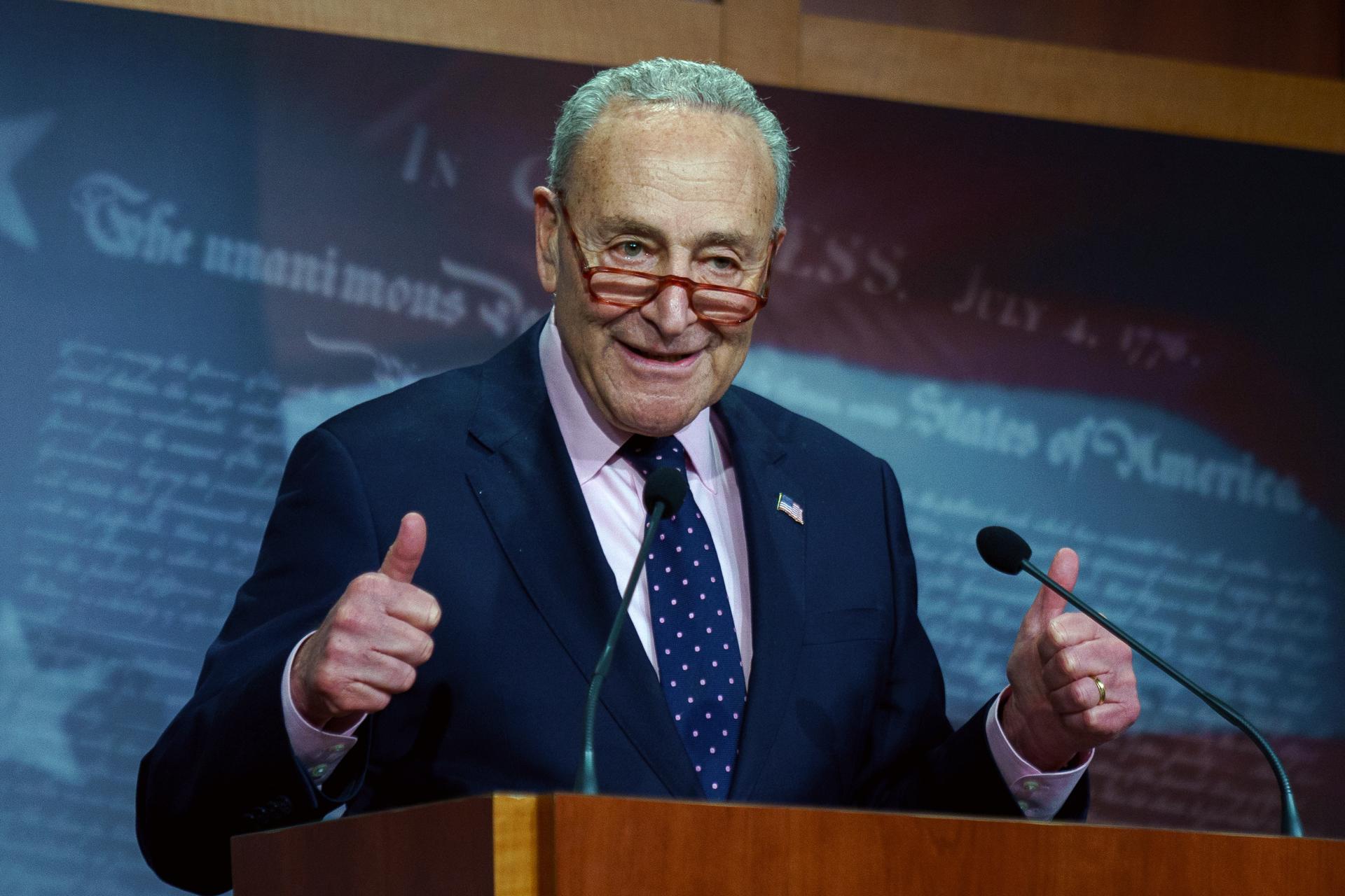 Senate Majority Leader Chuck Schumer gestures during a news conference at the US Capitol in Washington, DC, USA, 14 November 2023. EFE/EPA/WILL OLIVER