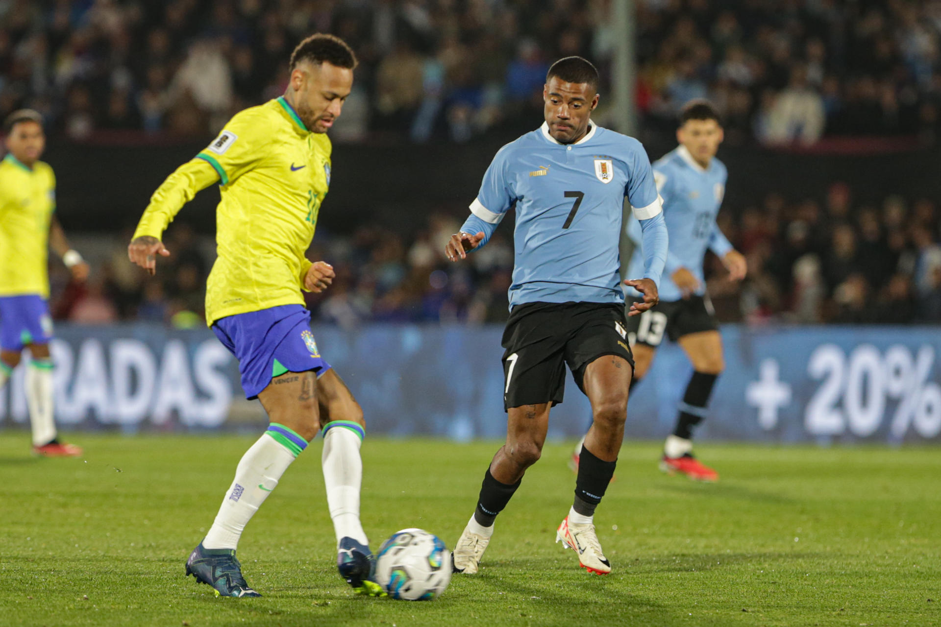 Nicolas de la Cruz Arcosa (R) of Uruguay fights for the ball with Brazil's Neymar during a 2026 World Cup qualifier match between Uruguay and Brazil at the Centenario stadium in Montevideo, Uruguay, on 07 October, 2023. EFE-EPA FILE/Gaston Britos
