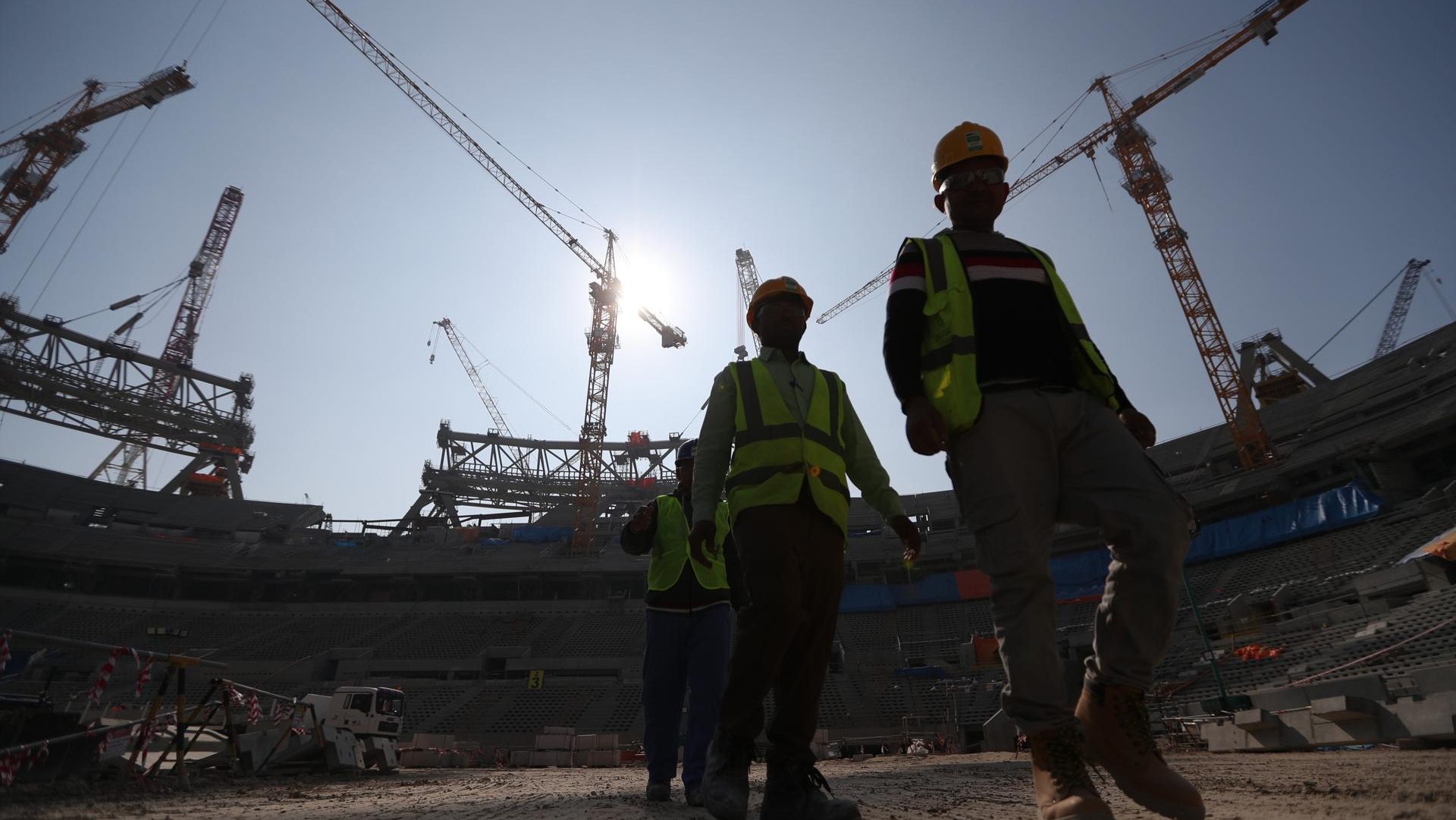 Construction workers at Lusail Stadium during a media tour in Doha, Qatar, 20 December 2019. EFE-EPA/ALI HAIDER