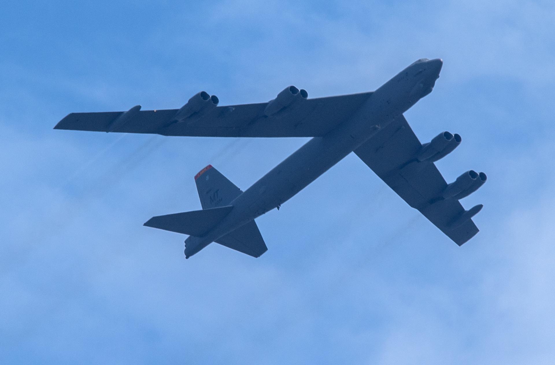 (FILE) A US Air Force's B-52 bomber flies over Skopje, North Macedonia. EFE/EPA/GEORGI LICOVSKI