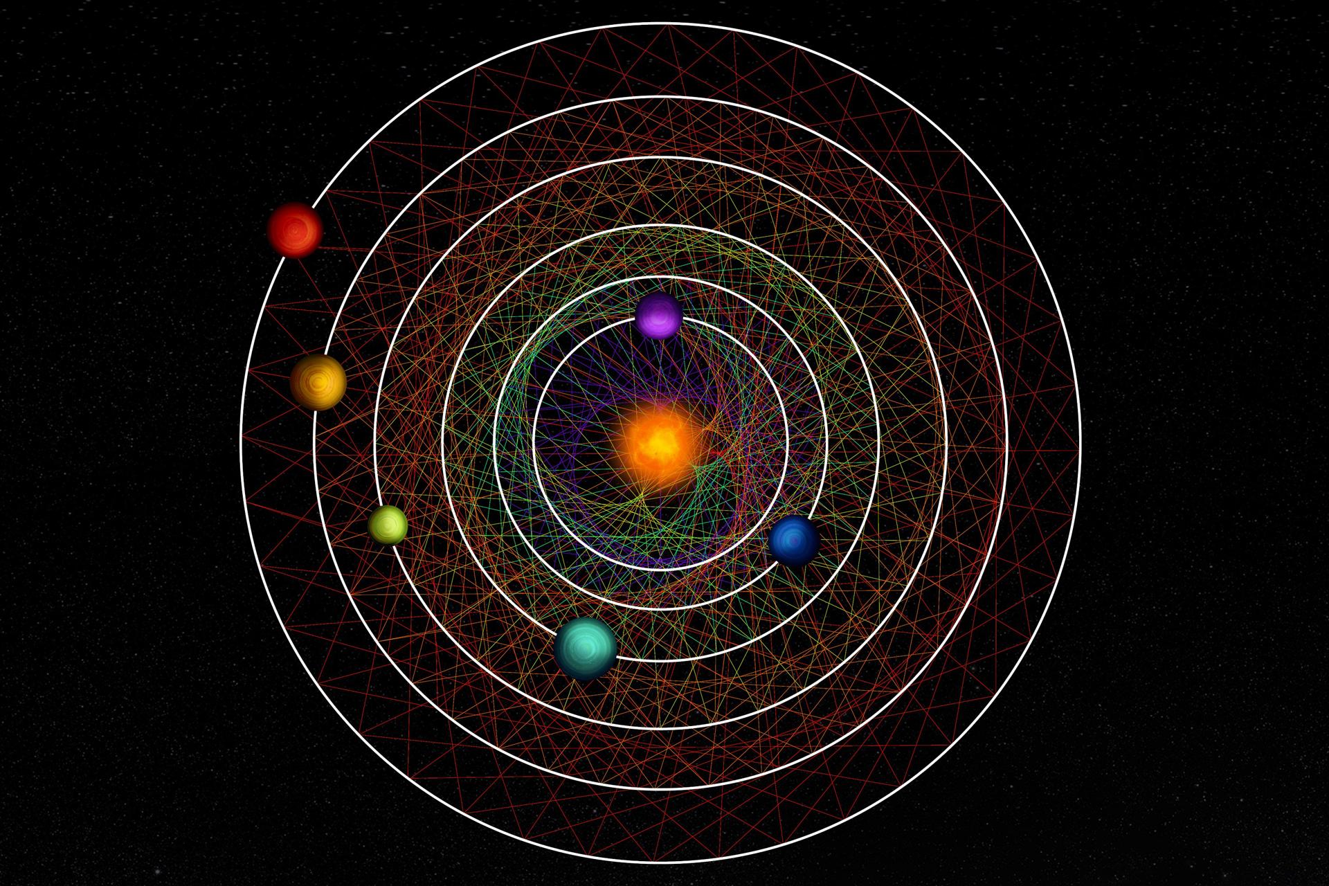 Los seis planetas del sistema HD 110067 crean juntos un patrón geométrico fascinante debido a su cadena de resonancia. Crédito: Thibaut Roger (NCCR PlanetS).