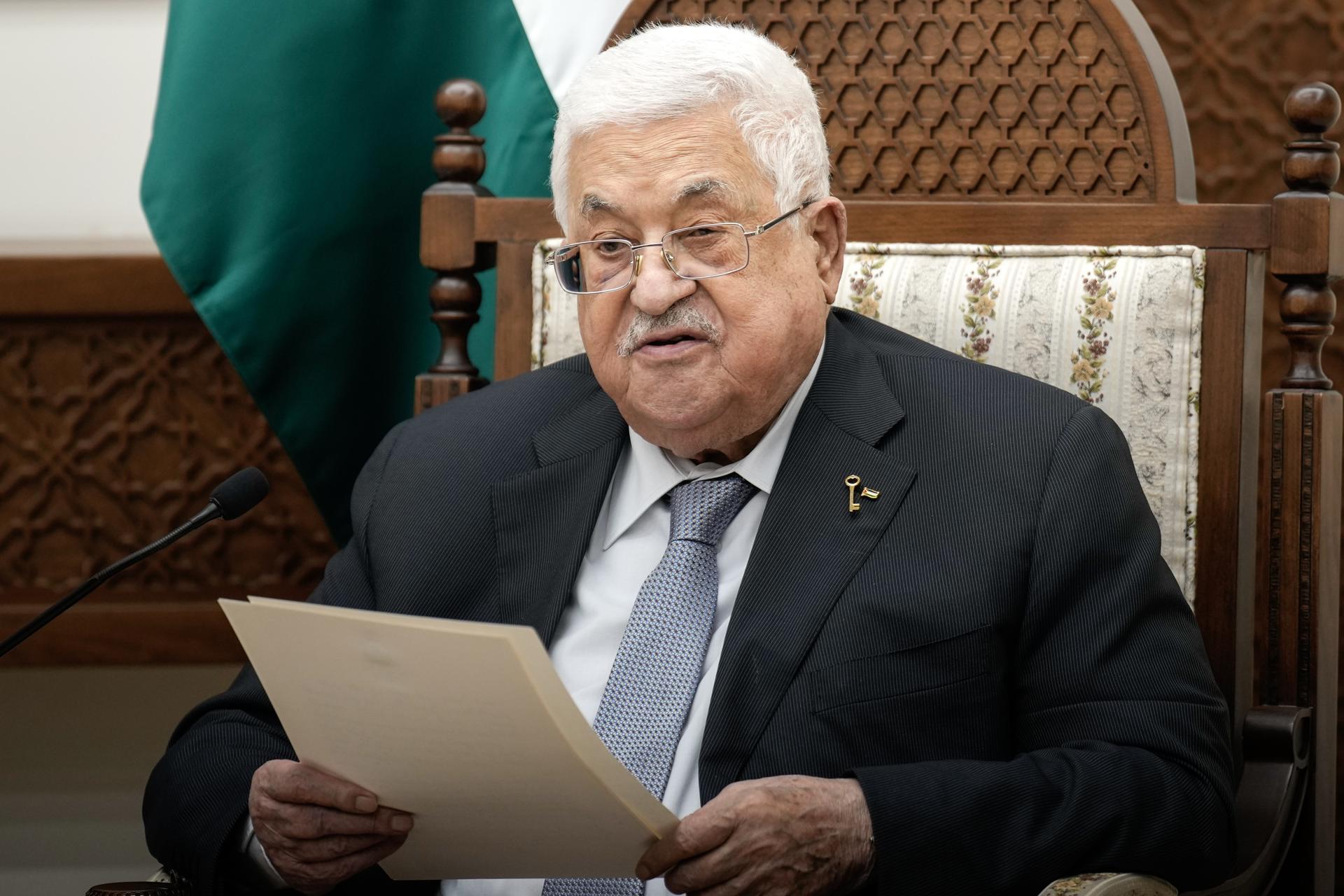 Palestinian President Mahmoud Abbas reads a statement during a meeting with French President Emmanuel Macron (not pictured) in the West Bank city of Ramallah, 24 October 2023. EFE-EPA FILE/CHRISTOPHE ENA / POOL MAXPPP OUT
