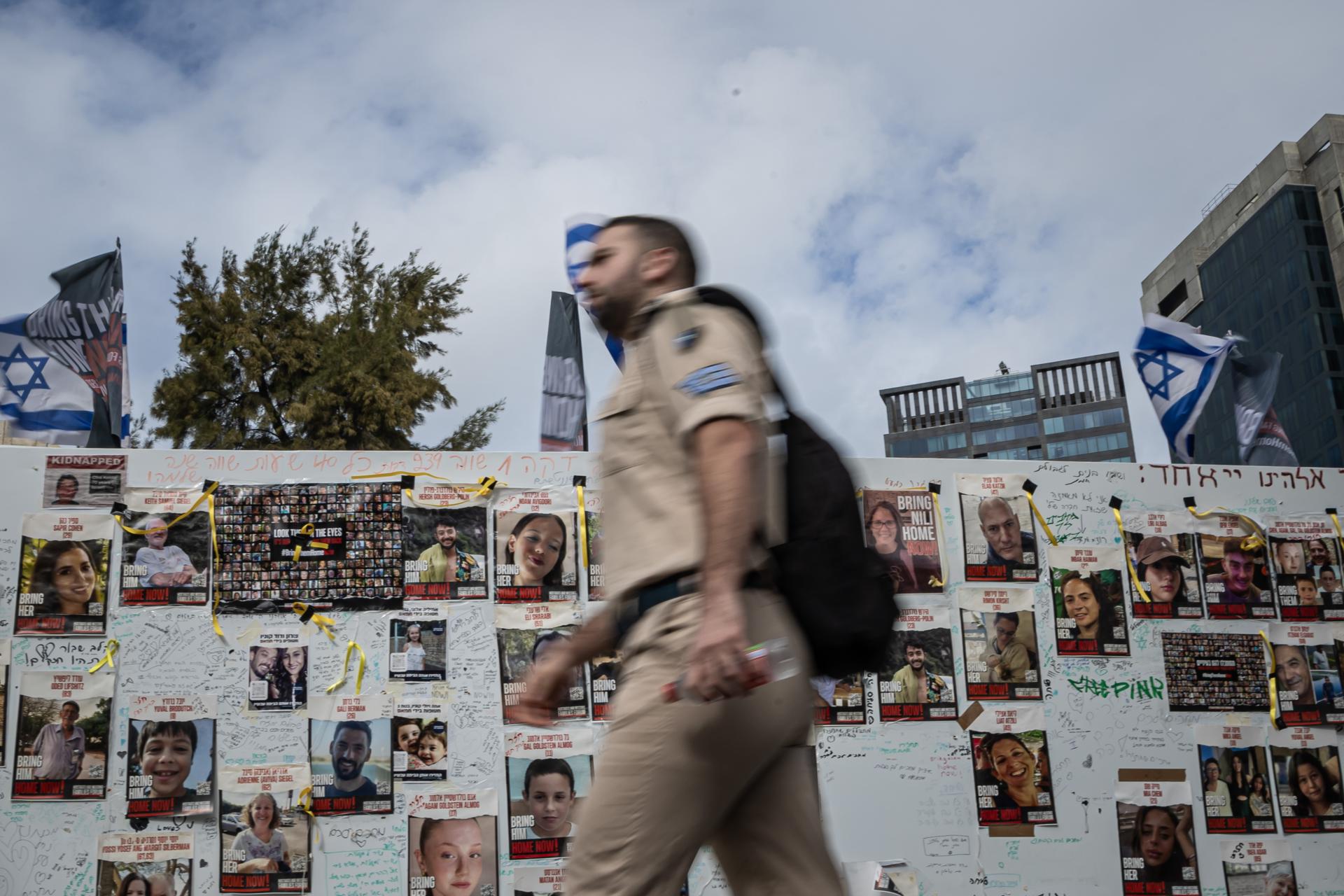 Portraits of people abducted by Hamas militants displayed on a installation held by the "Bring Them Home Now" organization to support the families of hostages and call for their release, outside the Tel Aviv museum in Tel Aviv, Israel, 27 November 2023. EFE/EPA/CHRISTOPHE PETIT TESSON