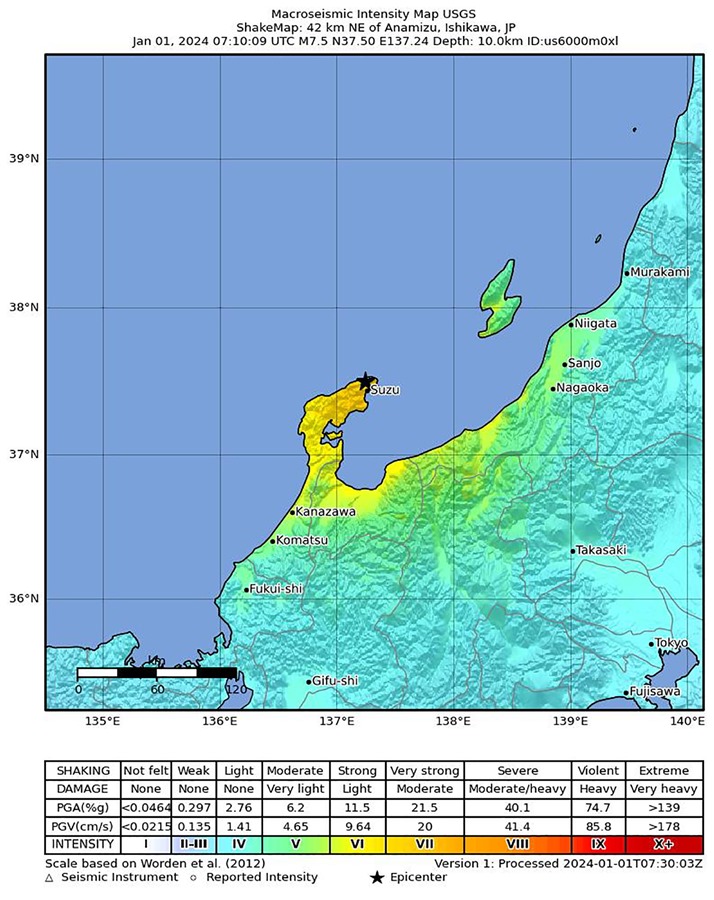 Imagen que muestra la ubicación de un terremoto que azotó la región de Noto en la prefectura de Ishikawa. EFE/EPA/USGS