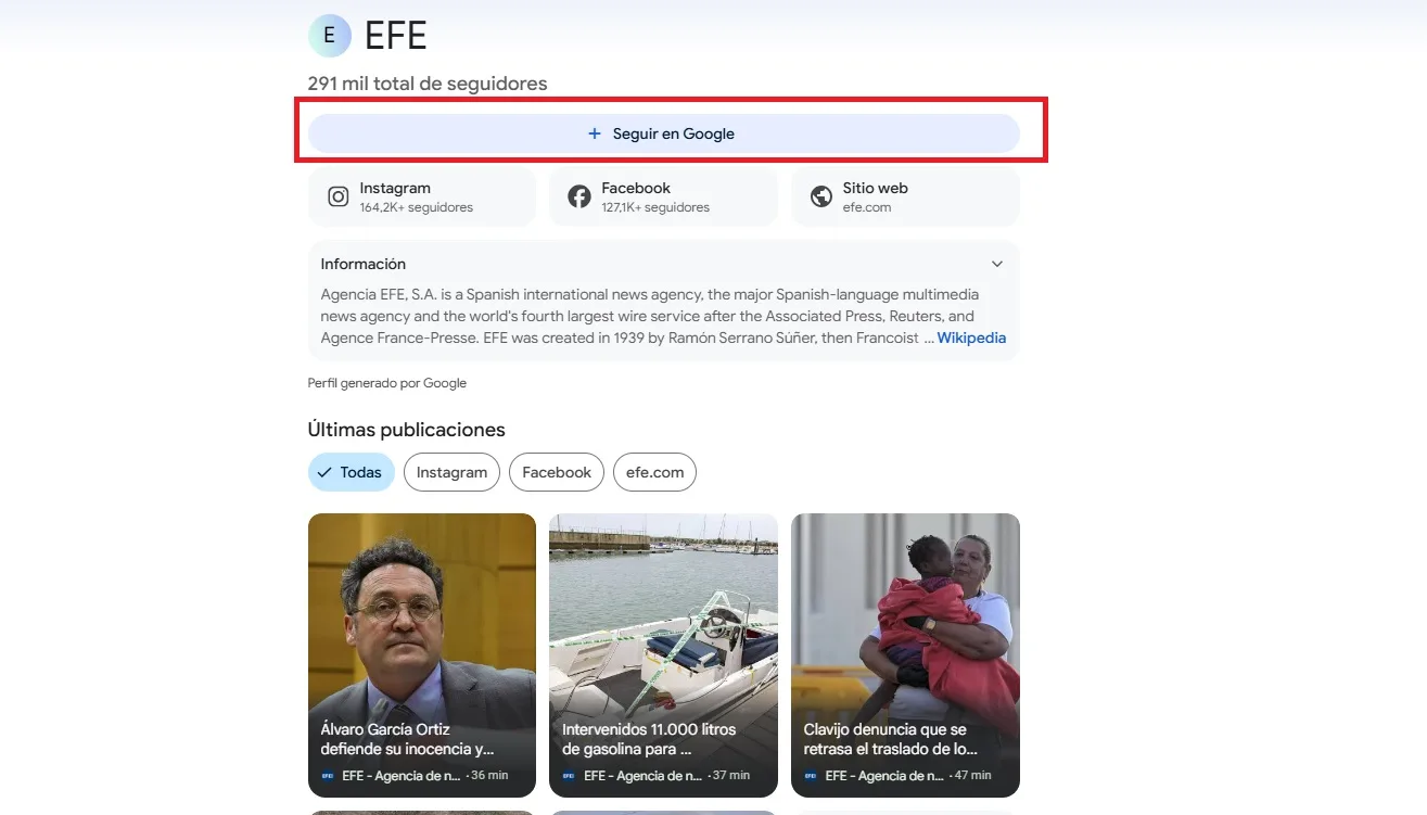 Sigue a la Agencia EFE en Google Discover para no perderte la información más interesante