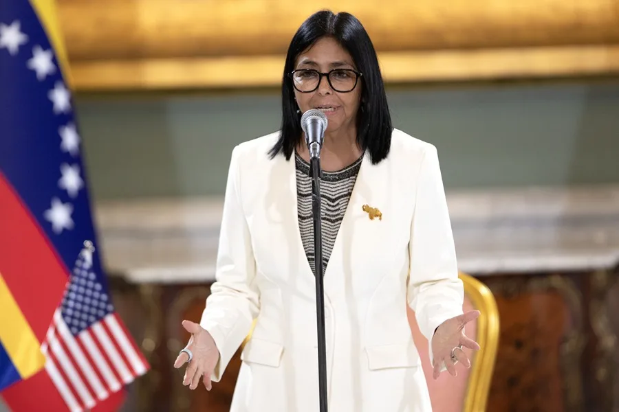 Fotografía de archivo de la presidenta encargada de Venezuela, Delcy Rodríguez, durante una rueda de prensa, en Caracas (Venezuela). EFE/ Ronald Peña R.
